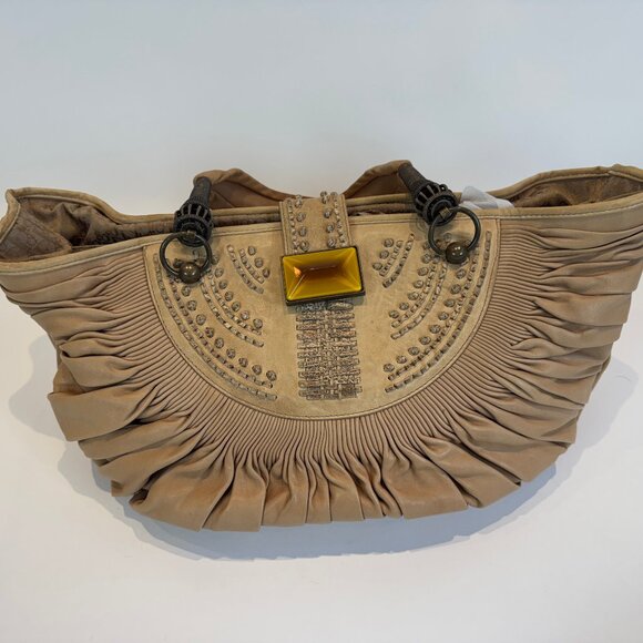 Vintage Christian Dior Beige Pleated Lambskin Leather Plisse Tote Bag - Picture 12 of 16